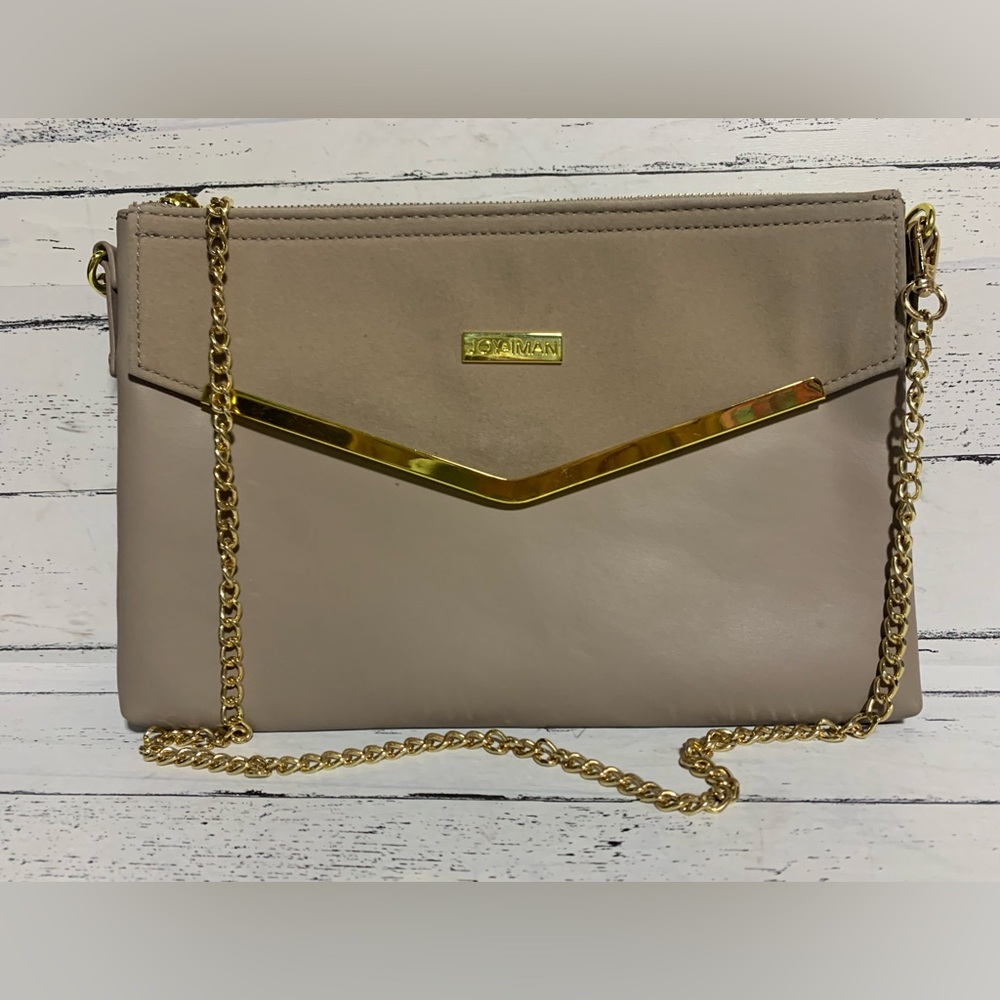 Joy & Iman Gray Leather Shoulder Bag Gold Tone Chain Strap 12”x 8”x 0.5”